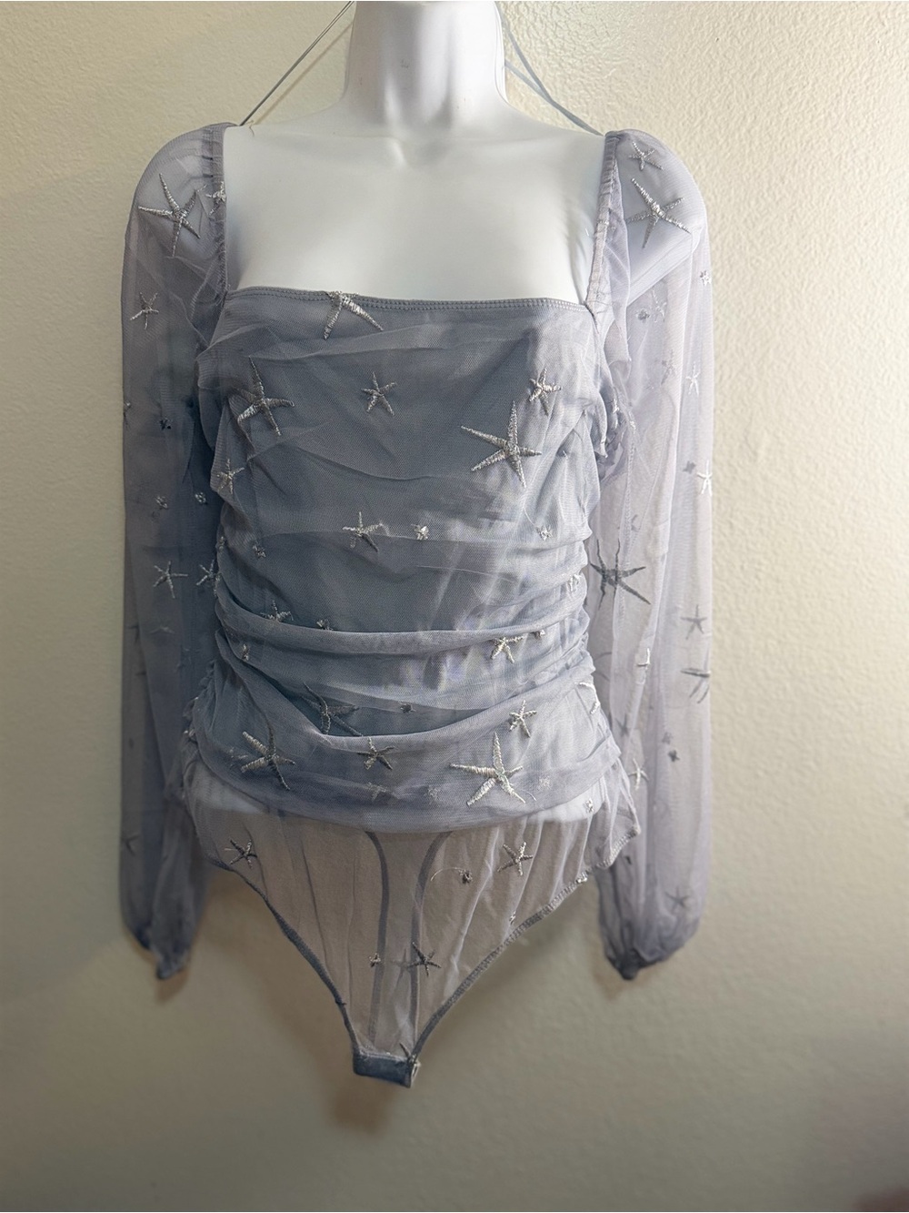 Le Lis Grey/ Silver  Star Embroidered Sheer Bodysuit
